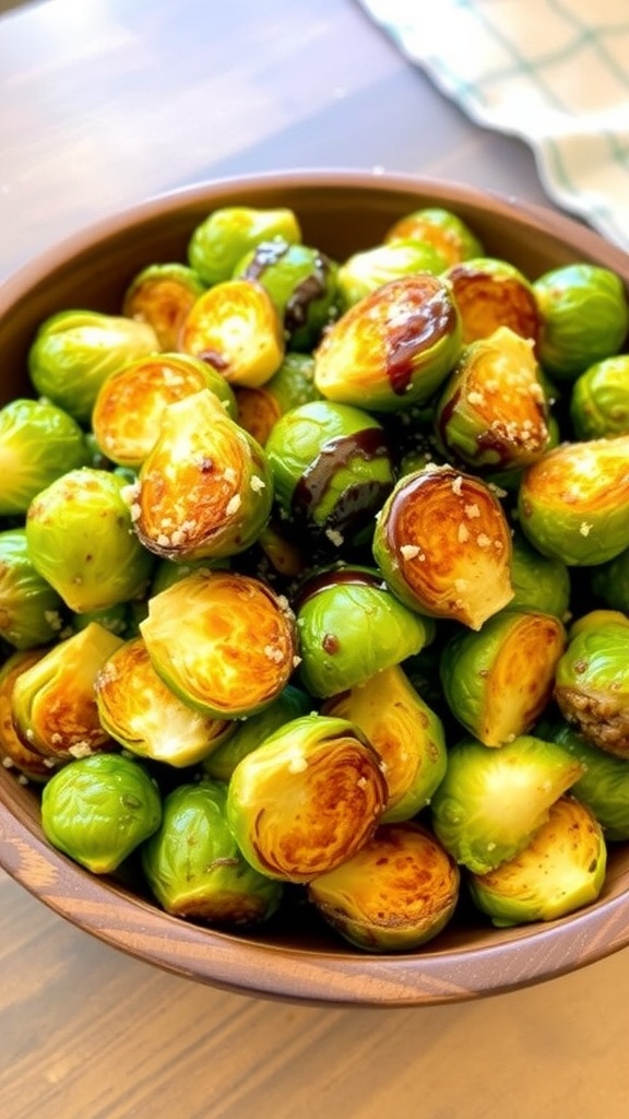 Crispy Air Fryer Brussels Sprouts Recipe Crispy air fryer Brussels sprouts garnished with Parmesan cheese in a rustic bowl.